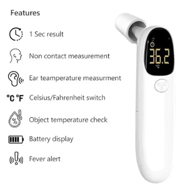 Termometro frontale e auricolare a infrarossi medico, senza contatto, per adulti e bambini, display LCD - immagine 2